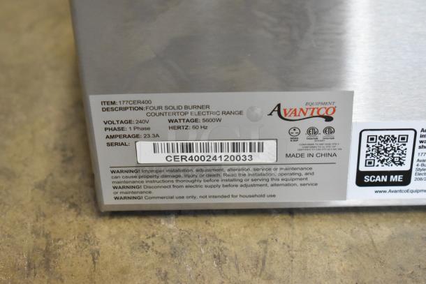 Avantco 177CER400 stainless steel 4-burner electric range label. Voltage: 240V, 1-phase, 5600W, Serial: CER40024120033.