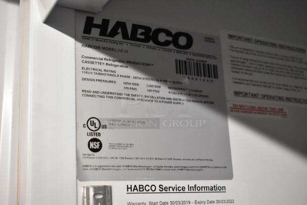 Label inside 2019 Habco SE18 Commercial Single Door Cooler showing model info, electrical rating, UL, and NSF certifications.