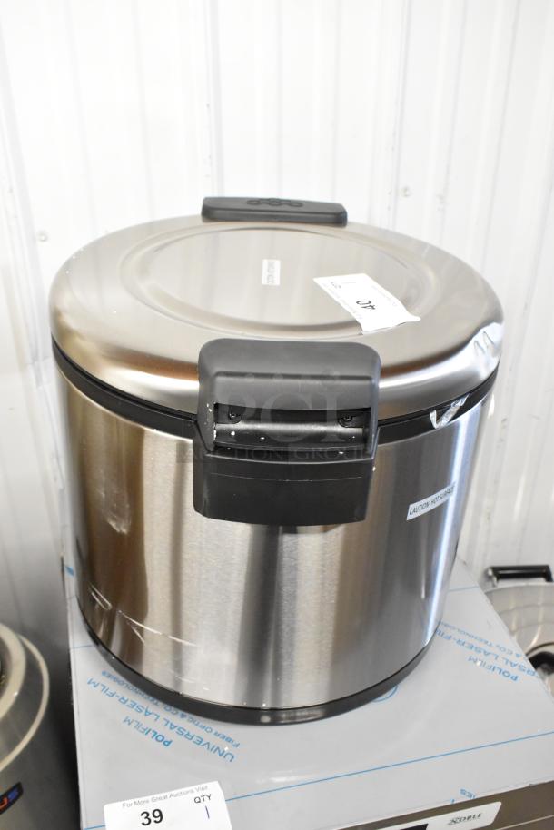 BRAND NEW SCRATCH AND DENT 2024 Galaxy 177RWGB90, stainless steel, 90-cup electric rice warmer. 120V, visible markings.