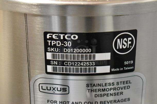 Fetco Luxus TPD-30, stainless steel, 3-gallon coffee dispenser, NSF certified, SKU: D01200000, SN: CD12242533. Scratch and dent condition.