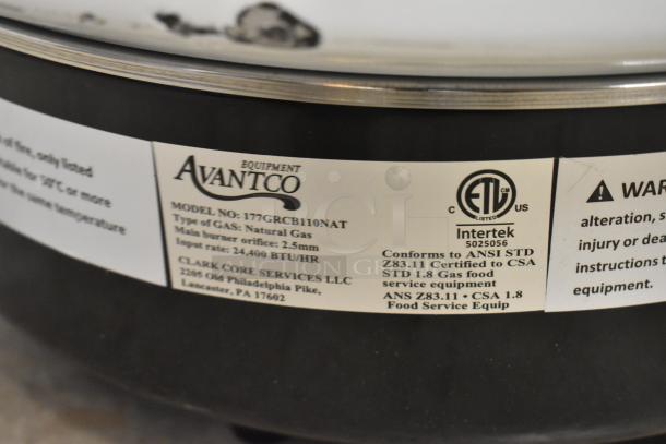 Avantco 177GRCB110NAT gas rice cooker label showing model, natural gas type, burner details, and safety certifications.