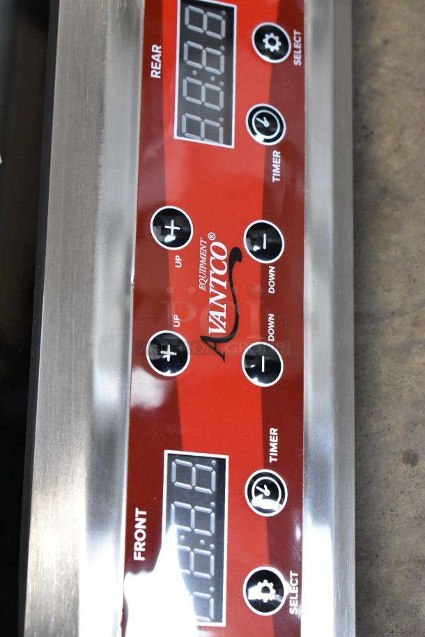 Avantco 177IC35SU stainless steel induction range controls. Features timers, up/down buttons, and LED display. Brand logo visible.