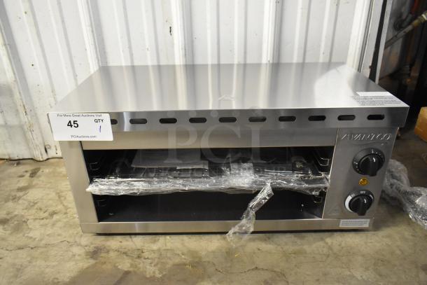 Brand new Avantco 177CHSME24IA stainless steel 24" electric cheese melter, 120V, dual controls, visible dial settings.