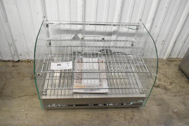 Carnival King hot food display case, model 382HDCG2A, silver, two shelves, broken curved front glass, 120V, 1 phase.