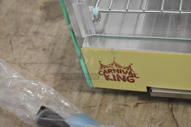 Carnival King hot food display case, model 382HDCG2A, with broken curved front glass, two shelves, and logo visible.