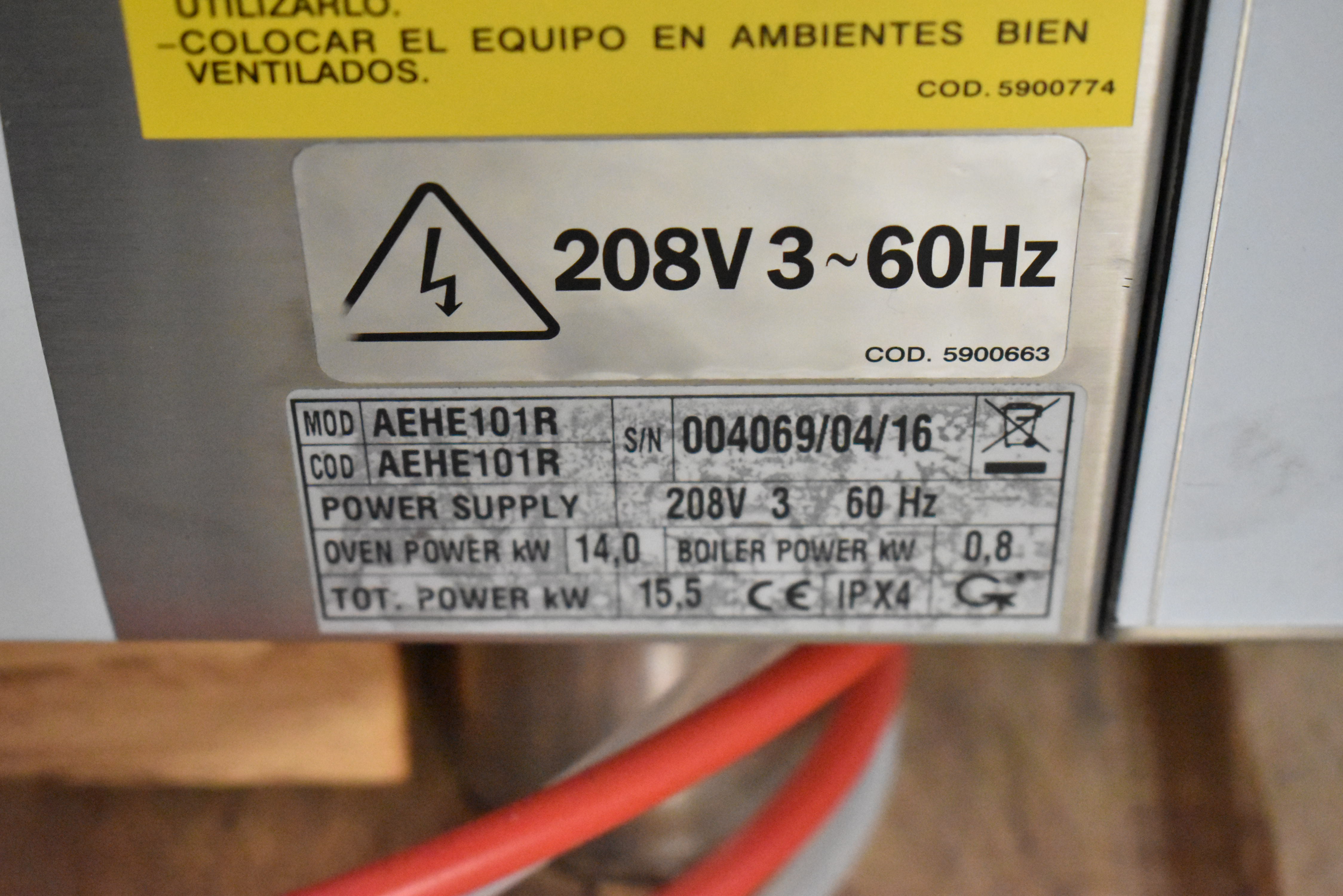 Combi oven specification plate showing voltage and electrical requirements