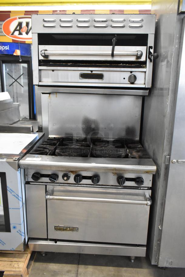 American Range AR-6 stainless steel commercial range with 6 burners, oven, salamander cheese melter, and backsplash.