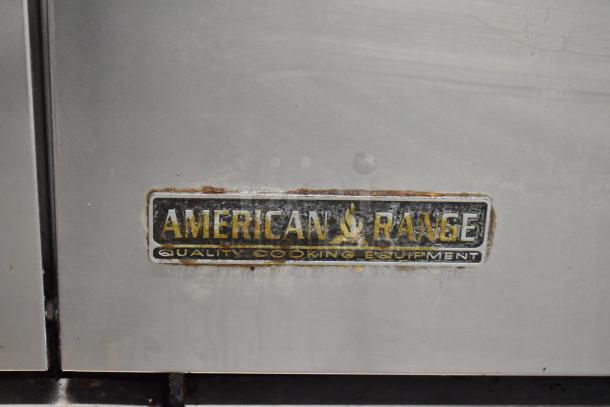 American Range AR-6 stainless steel commercial gas stove with 6 burners, oven, salamander cheese melter. Visible logo plate.