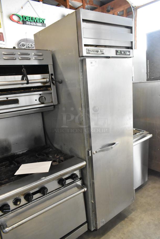 Beverage Air ER24-1AS stainless steel single door reach-in cooler on casters with poly-coated racks, 115V, 1 phase.