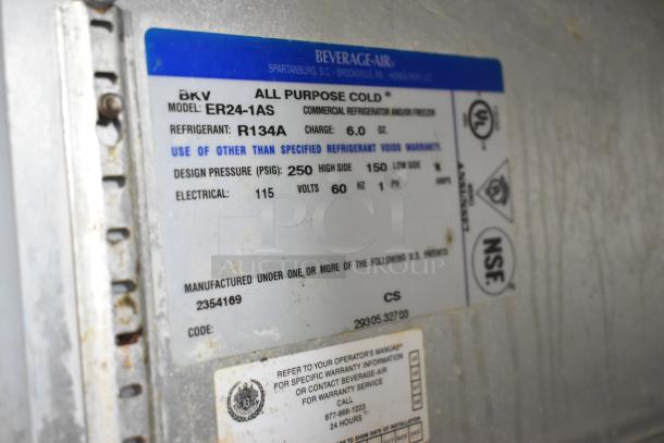 Beverage Air ER24-1AS stainless steel cooler label showing model, refrigerant R134A, and electrical specs: 115V, 1 phase.