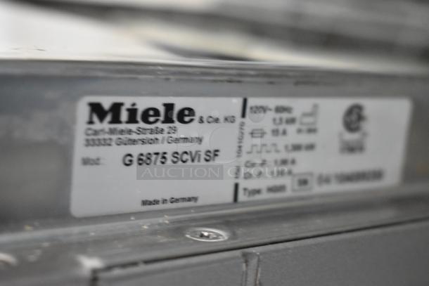 Miele G 6875 SCVi SF stainless steel dishwasher label, showing model and specs. Made in Germany. Undercounter, 115V.