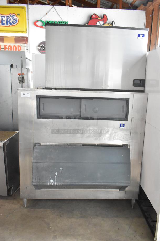 Manitowoc stainless steel commercial ice head on bin, 208-230V, 1 phase. Slight wear, suitable for high-demand environments.