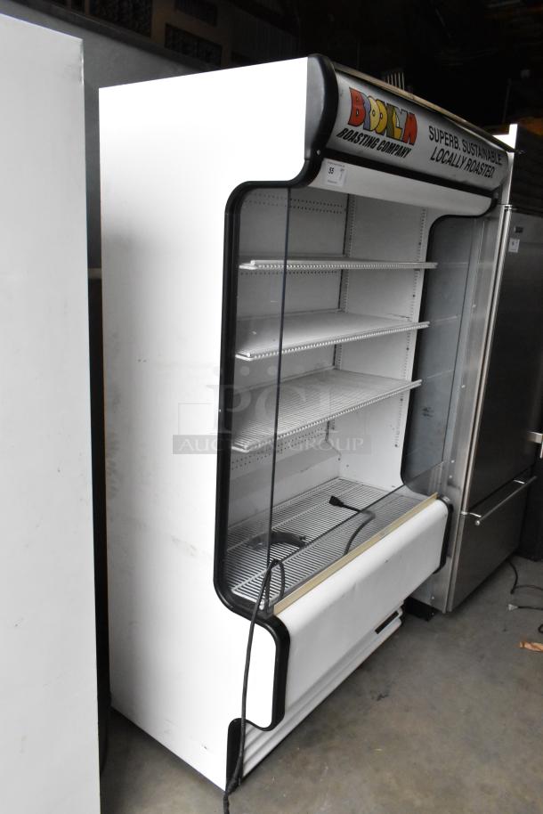 True TAC-48GS-LD metal commercial open merchandiser, 115 volts, 1 phase, white and black finish, multiple shelves.