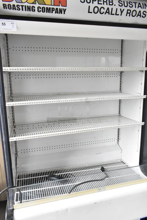 True TAC-48GS-LD metal commercial open grab-and-go merchandiser, 115 volts, 1 phase, white shelving, visible wear.