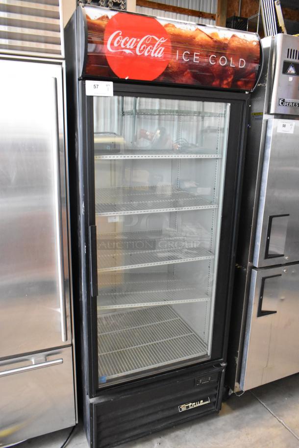 True GDM-26EM commercial cooler with Coca-Cola branding, single glass door, poly-coated racks, 115 volts, 1 phase.