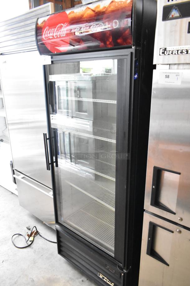 True GDM-26EM single door cooler, metal build, with poly-coated racks, Coca-Cola branding, 115V, 1 Phase.