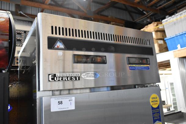 Everest ESRFH2 stainless steel commercial refrigerator/freezer combo on casters. Features dual temperature control, 115V, 1-phase. Everest branding visible.