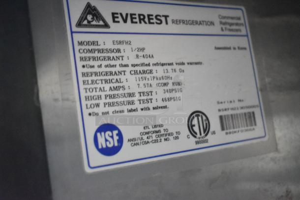 Everest ESRFH2 stainless steel commercial refrigerator/freezer combo label showing specs: 115 volts, 1 phase, R-404A refrigerant.