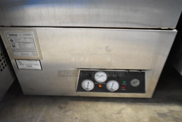 Jackson AvengerHT stainless steel undercounter dishwasher, 208/230V, 1 phase, control panel with gauges and indicators visible.