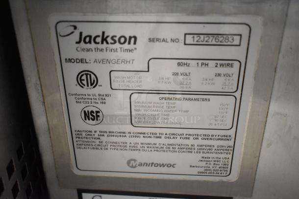 Jackson AvengerHT commercial undercounter dishwasher label. Features 208/230V, 1 phase, ETL and NSF certified. Serial No. 12J276283.