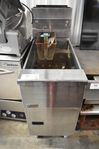 Pitco Frialator SG14 stainless steel commercial deep fryer with metal fry basket. Natural gas, 110,000 BTU, floor style.