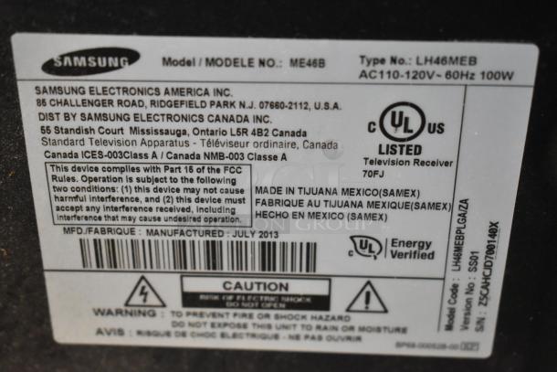 Label of Samsung ME46B Television, 120V, model LH46MEB, manufactured July 2013, FCC compliant, UL listed, made in Mexico.