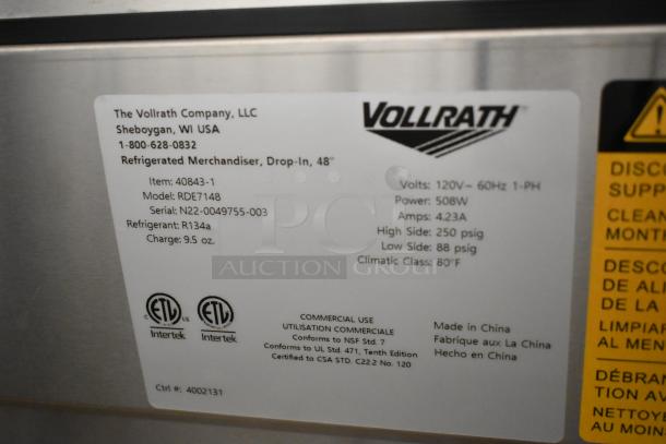 BRAND NEW Vollrath RDE7148 stainless steel commercial refrigerated display case, 120V, with model and serial labels.