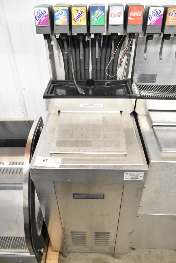 Stainless steel commercial 6-flavor soda machine on ice bin, featuring Cornelius CB1522AHK6, 115V, 1 Phase.