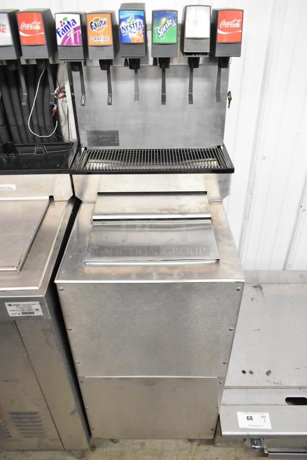Stainless steel 6-flavor Cornelius beverage machine on ice bin, 115V, 1 phase. Offers Coca-Cola, Fanta, Nestea, Sprite options.