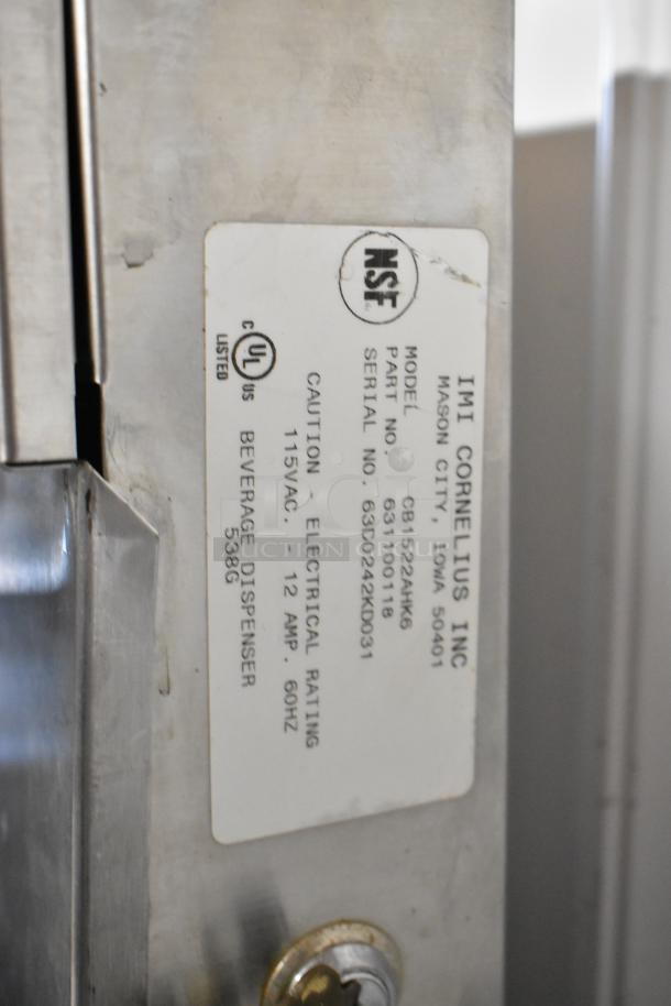 Label on stainless steel commercial 6-flavor beverage machine, model CB1522AHK6, 115V, 1 phase. UL listed.