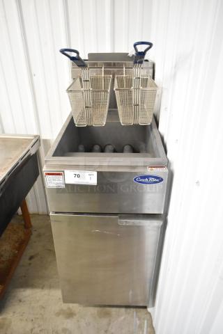 Cook Rite ATFS-40 stainless steel commercial gas fryer with two metal baskets, 102,000 BTU, excellent condition.