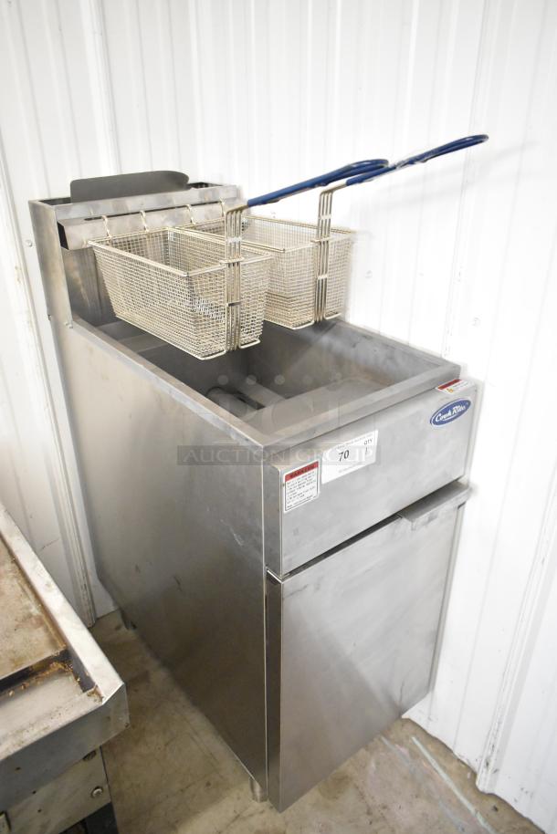 Cook Rite ATFS-40 stainless steel commercial floor fryer with 2 metal baskets; natural gas powered, 102,000 BTU.