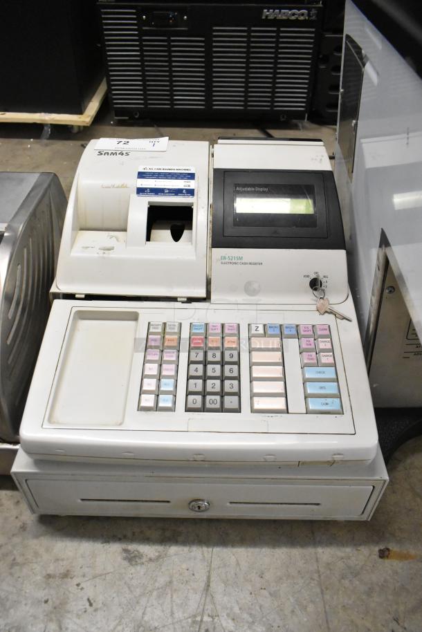Sam4s ER-5215M electronic cash register with keypad, receipt printer, and adjustable display. 120V, 1 Phase. Key included.