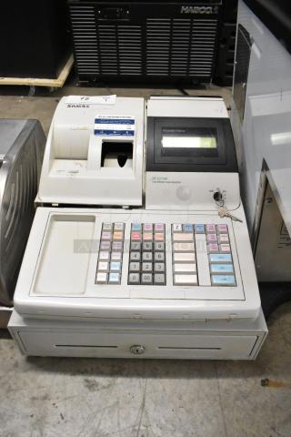 Sam4s ER-5215M electronic cash register with keypad, receipt printer, and adjustable display. 120V, 1 Phase. Key included.