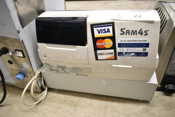 Sam4s ER-5215M electronic cash register, 120V, 1 Phase, visible payment stickers, good condition, countertop model.