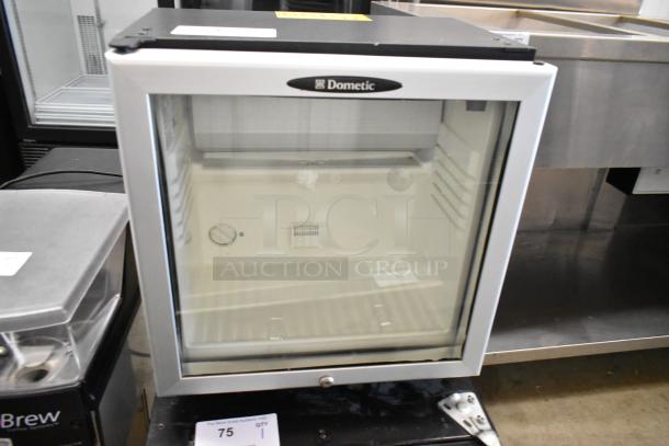 Dometic RH023LDAG Metal Mini Cooler Merchandiser, glass door, 115V, 1 Phase, showcases interior shelves and a built-in thermostat.