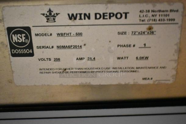 Win Depot WBFHT-500 stainless steel steam table, 208V, 1 phase, with under shelf. Size: 72"x24"x36". NSF certified.