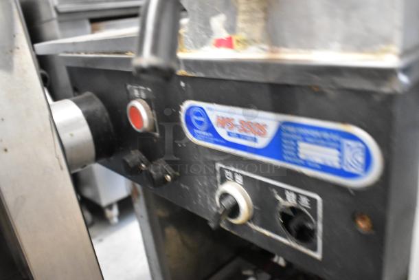Fujee HFS-350S commercial floor meat slicer, 220V, metal build. Visible label with model number. Used condition.