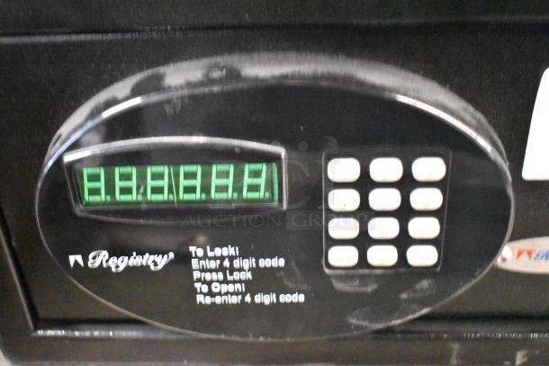 2 black metal safes with single compartments, keypad entry, brand "Registry," no combinations provided.