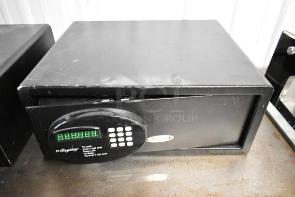 Black metal safe, single compartment, keypad lock, no combinations, slight wear, rectangular shape, auction item, 2x bid.