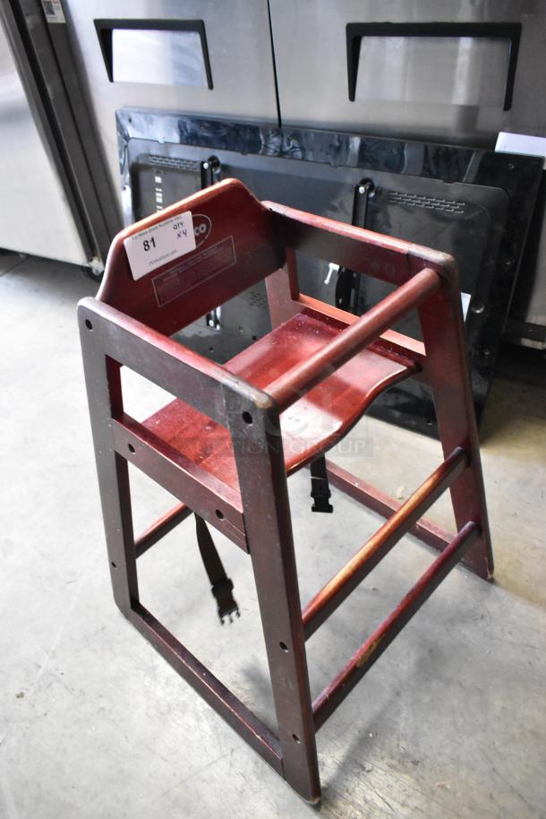 Winco wooden high chair, sturdy design, minor wear. Auction label indicates "Qty x4", suggesting multiple items.