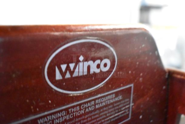 Winco wooden high chair with logo and maintenance warning. Sturdy design, suitable for restaurant use. Includes four chairs.
