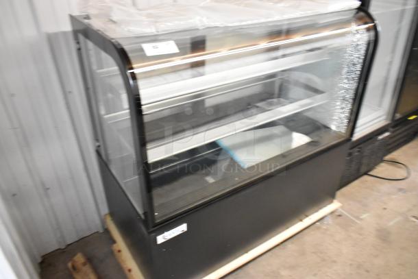 Brand new Avantco 193BCD48B 48" curved glass bakery display case, black. Note visible glass damage. 115V, 1 phase.