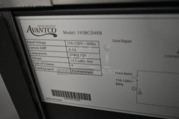 Alt text: Avantco 193BCD48B curved glass bakery display case label. Shows voltage, amperage, lamp power, and capacity details.