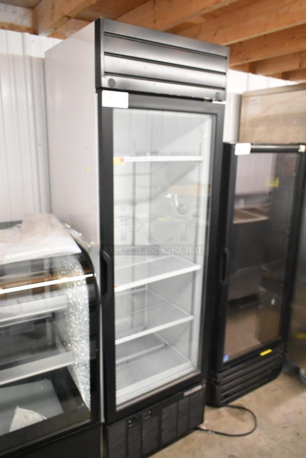 2019 Habco SE18 metal commercial reach-in cooler merchandiser, single glass door, poly-coated racks, 115V, 1 phase.