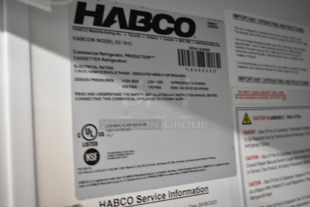 Label of 2019 Habco SE18 commercial cooler, featuring UL and NSF certification marks. Model SE18, 115V, 1 Phase.