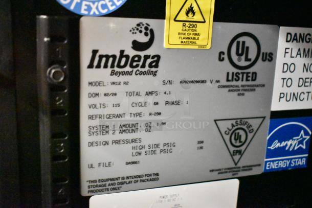 Imbera VR12 commercial cooler label showing 115 volts, 1 phase, R-290 refrigerant type, UL listed.