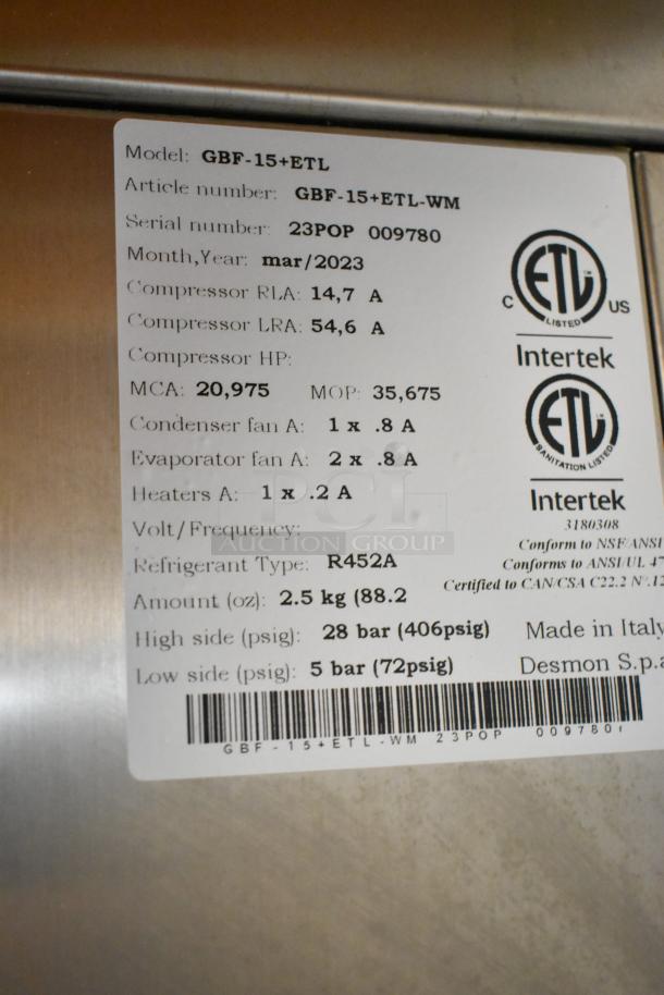 2023 Desmon GBF-15+ETL stainless steel blast chiller with 4 probes on casters, 220V, 3 phase. Model and specs label visible.