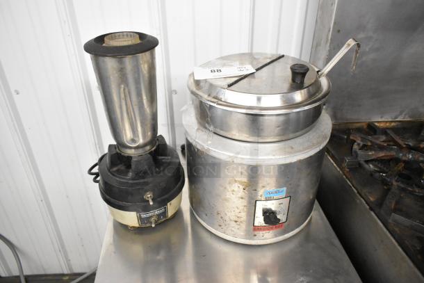 Hamilton Beach blender and Nemco countertop soup kettle warmer, both in used condition, with visible brand labels and wear.