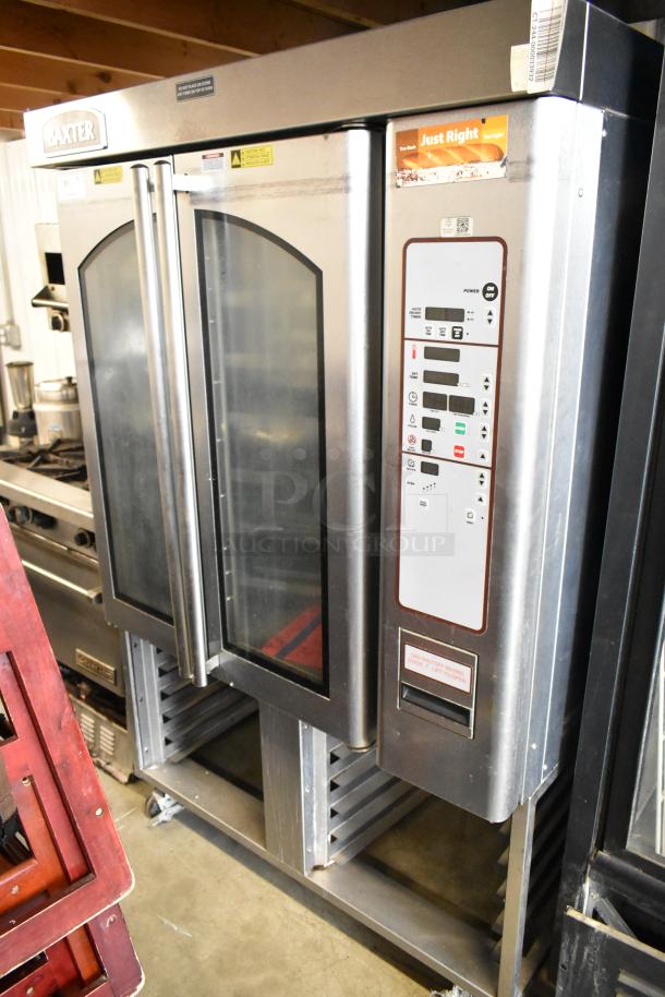 Baxter OV310G Stainless Steel Natural Gas Mini Rotating Rack Oven with dual pan rack, commercial casters, control panel.